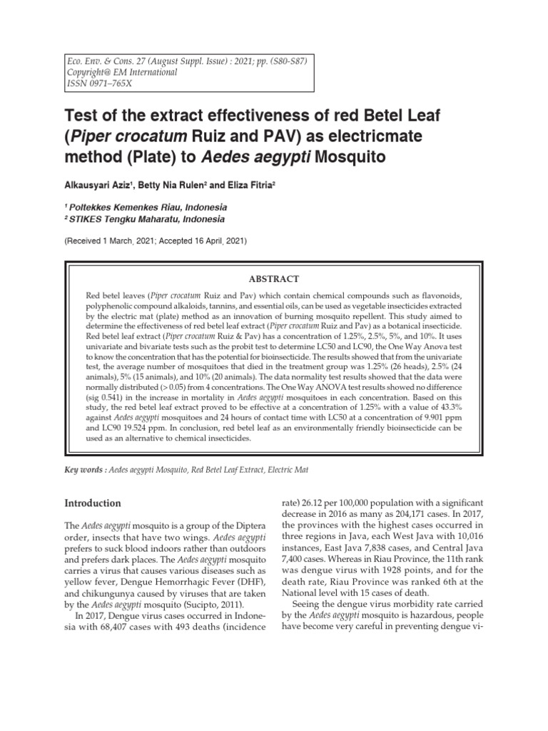 Test of The Extract Effectiveness of Red Betel Leaf (Piper Crocatum ...