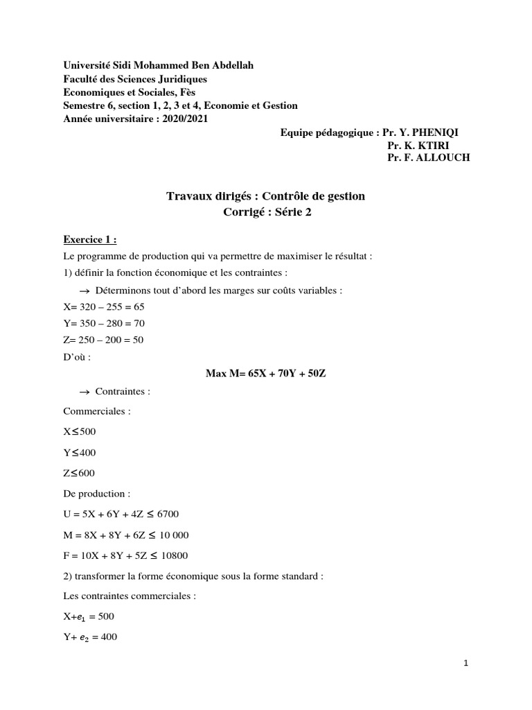 Corrigé TD 2 Contrôle de Gestion | PDF | Économie