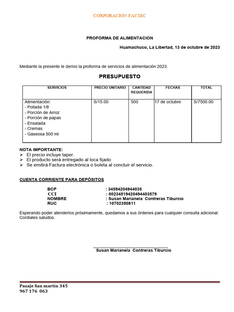 Proforma de Alimentacion | PDF