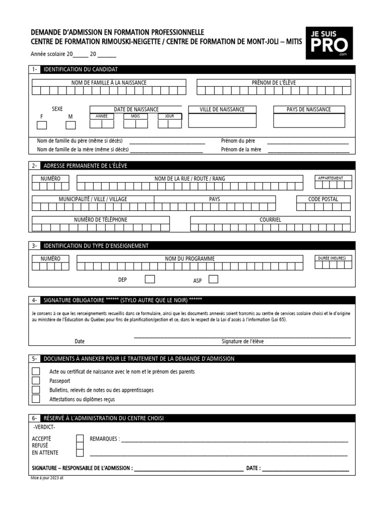 Demande d'Admission en Formation Pro | PDF | Certificat de naissance