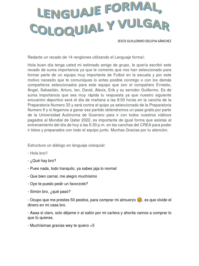Lenguaje Formal, Coloquial y Vulgar | PDF