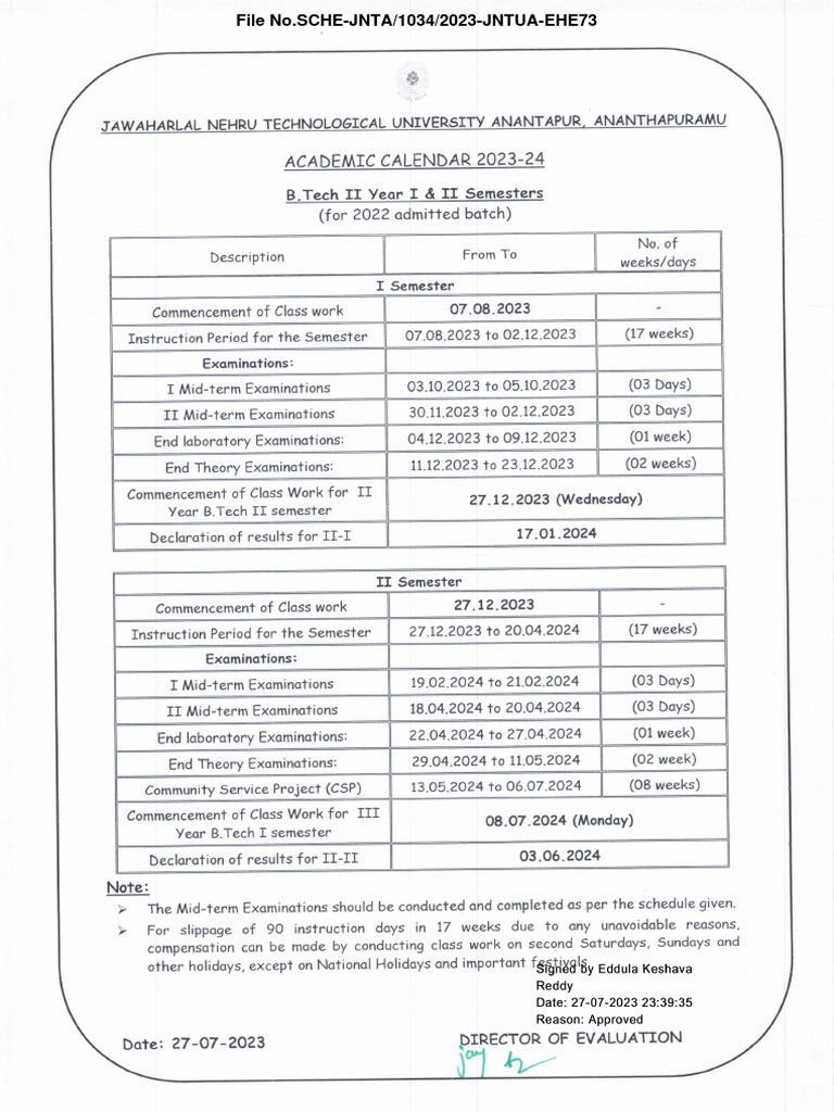 JNTUA B.Tech Academic Calendar 2023-24 | PDF | Academic Term | Business