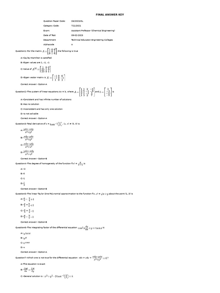 Final Answer Key Asst Profesor Chemical Engineering Pdf Equations