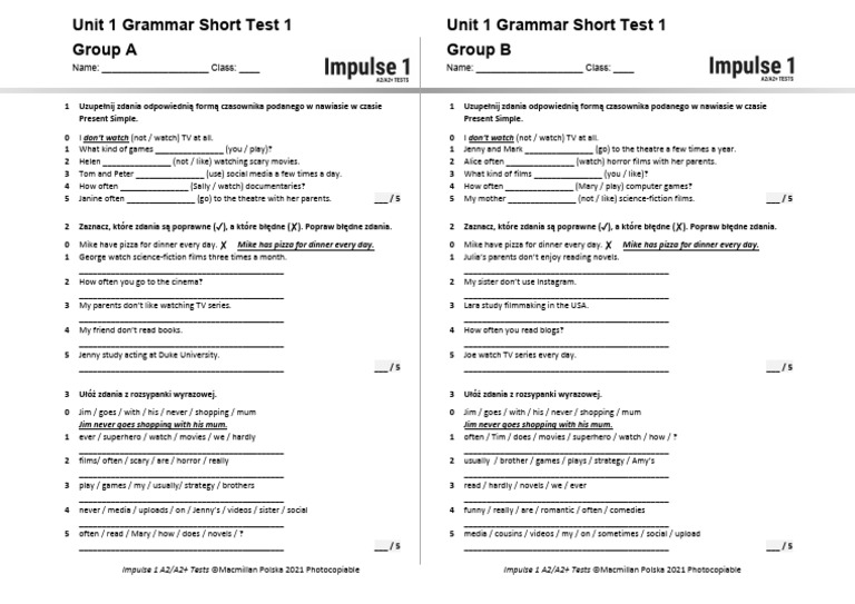 Unit 1 Grammar Short Test 1 A+B | PDF