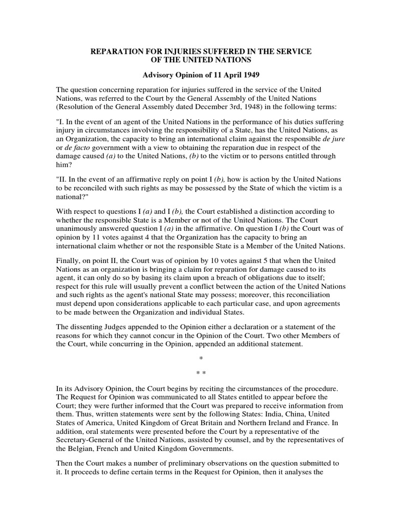 Reparation For Injuries Suffered in The Service of The United Nations ...