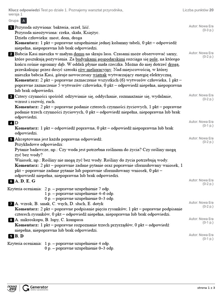 Poznajemy Warsztat Przyrodnika Sprawdzian Klasa 4 Pdf Test po dziale 1. Poznajemy warsztat przyrodnika, wersja 1 Klucz