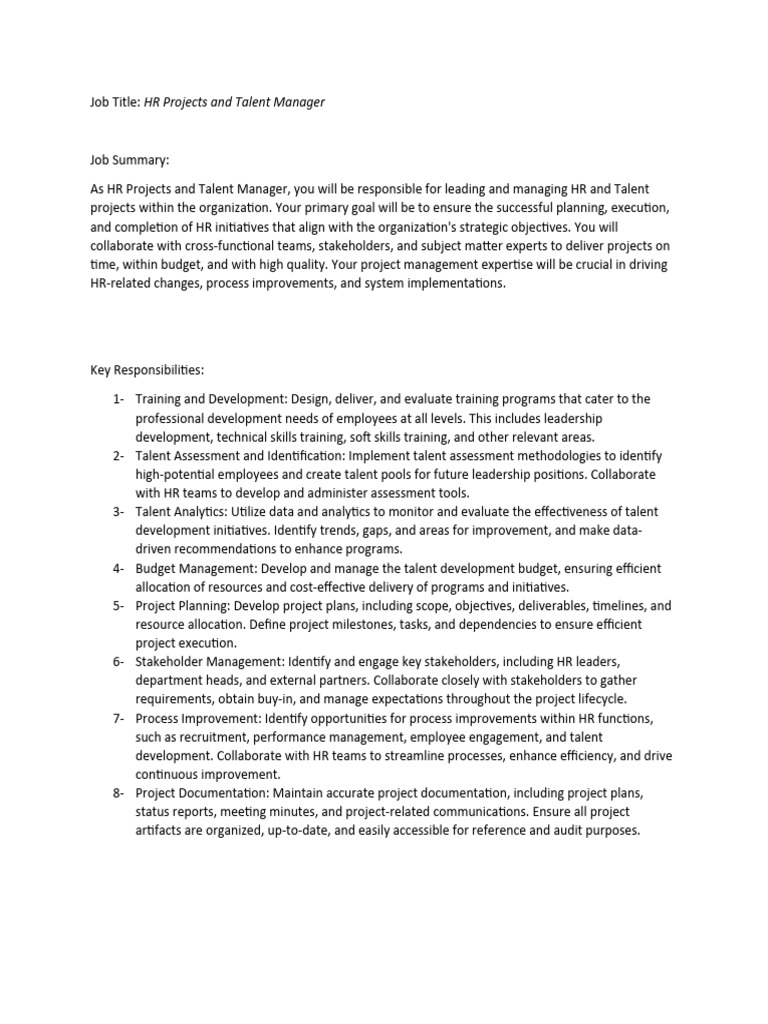 Hr Projects And Talent Manager Role Pdf Project Management