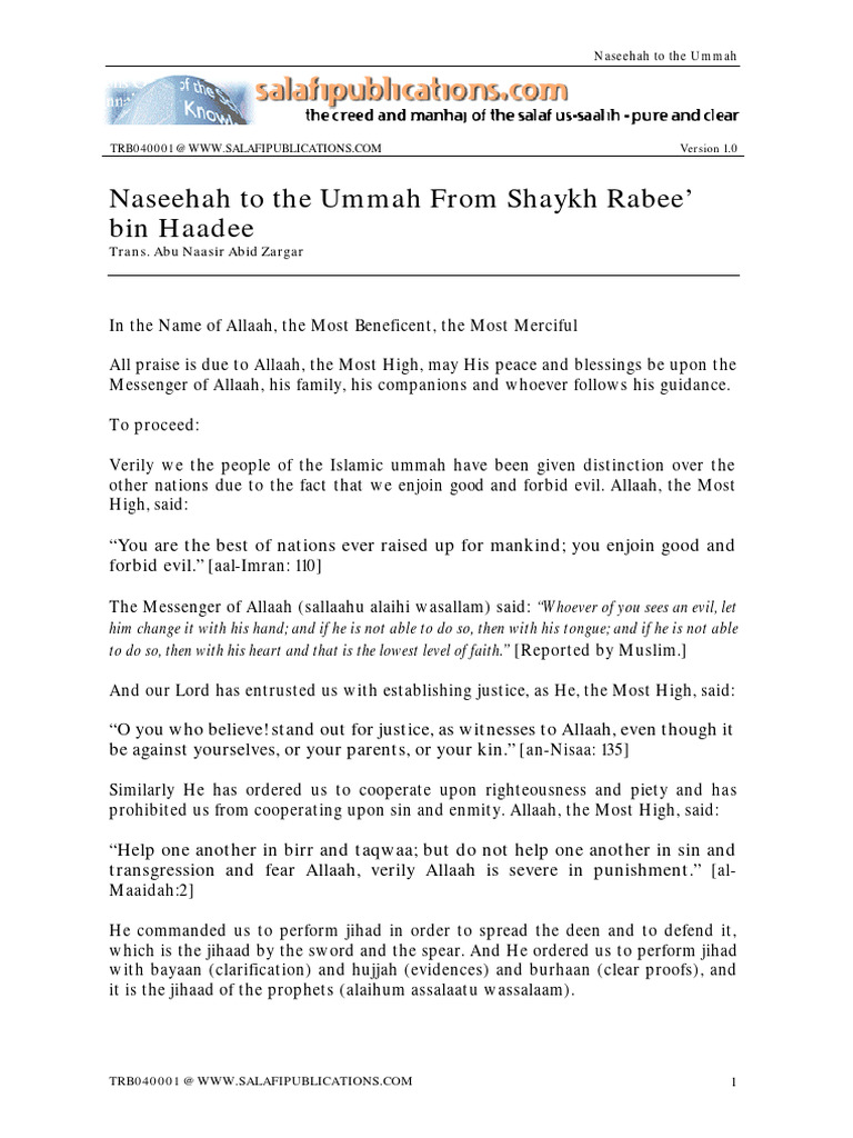 General Advice To The Ummah From Shaykh Rabee' Bin Haadee | PDF ...