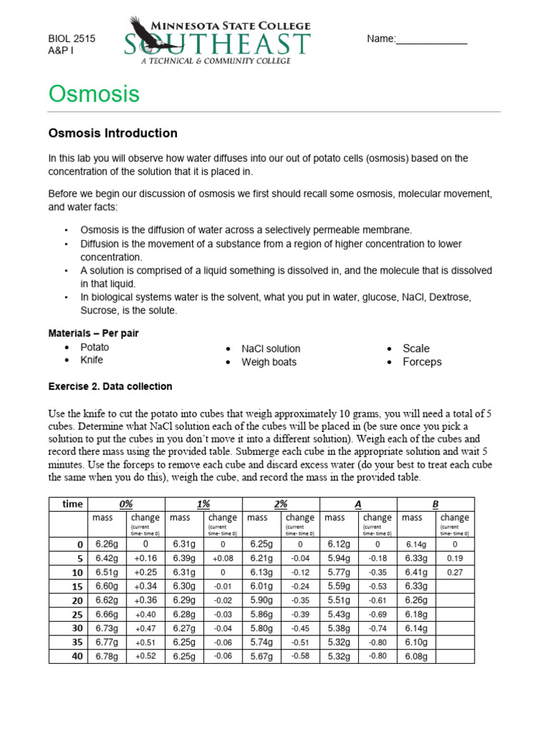 Osmosis Lab PDF Osmosis Physical Sciences