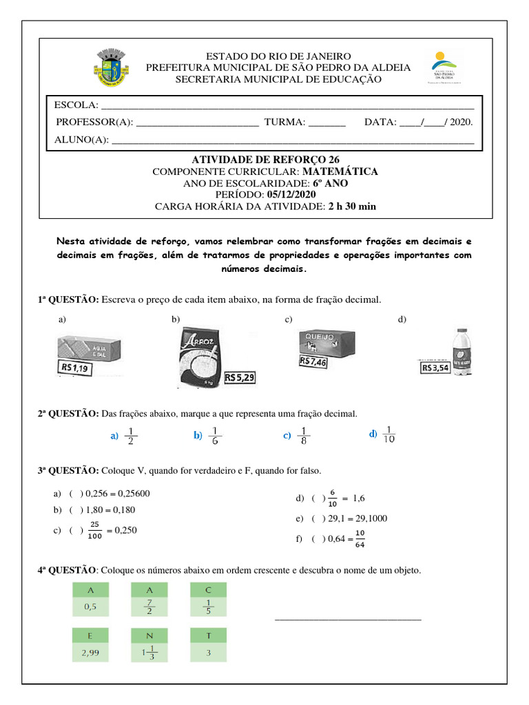 Atividade de Reforço 26 (05.12) - Matemática - 6º Ano | PDF | Matemática