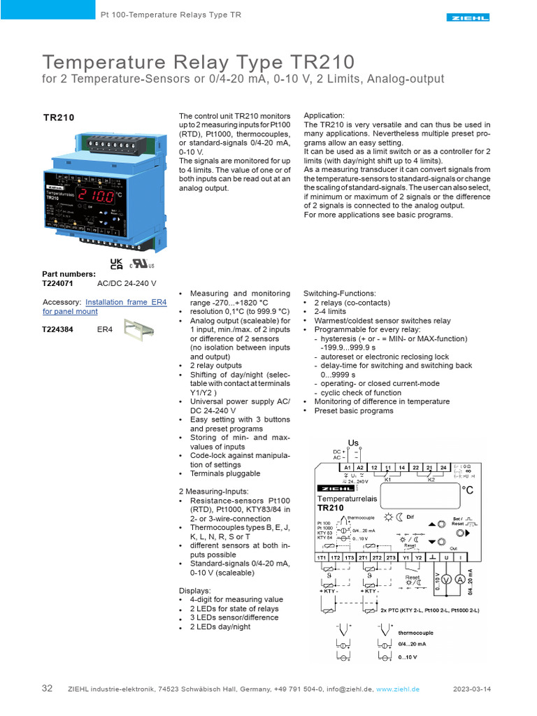 TR210 Temperature Relay Specifications | PDF | Relay | Thermometer