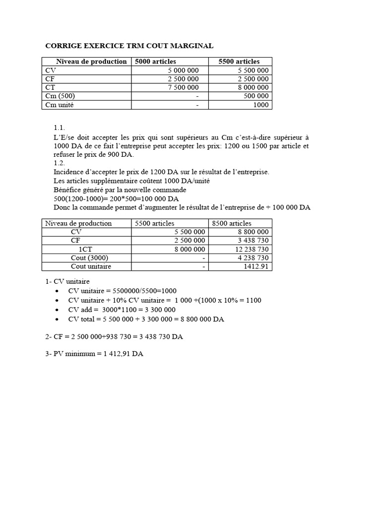 Corrigé Exercices TMR Coût Marginal | PDF