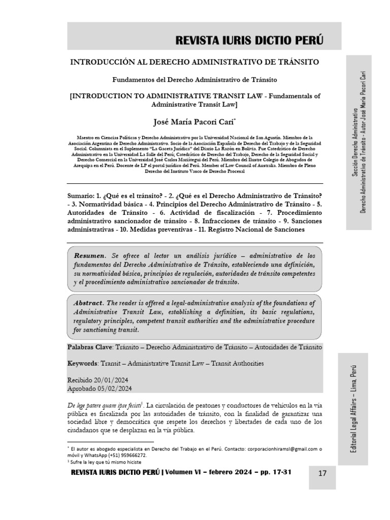 Introducción Al Derecho Administrativo De Tránsito Autor José María