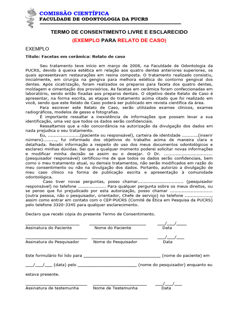 Termo de Consentimento Livre e Esclarecido Relato Caso | PDF | Odontologia