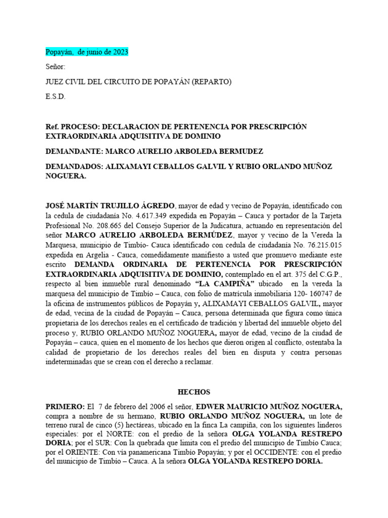 Demanda Prescripcion Adquisitiva de Dominio | PDF | Justicia | Crimen y