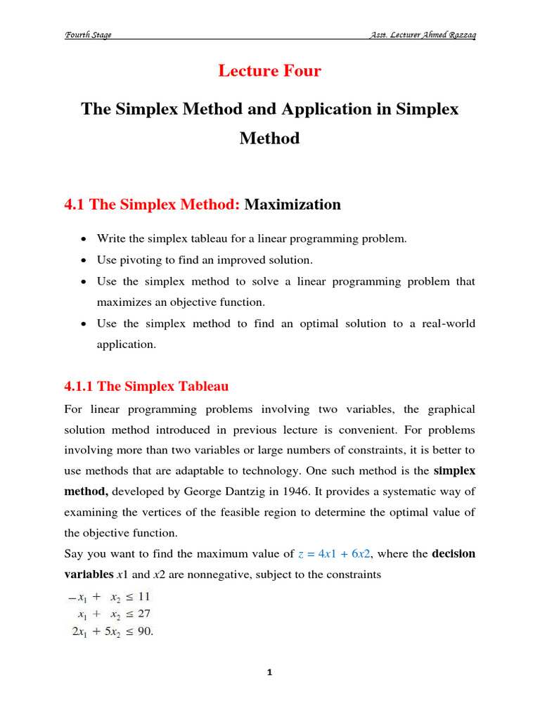 Simplex Method for Linear Programming | PDF | Mathematical Optimization ...