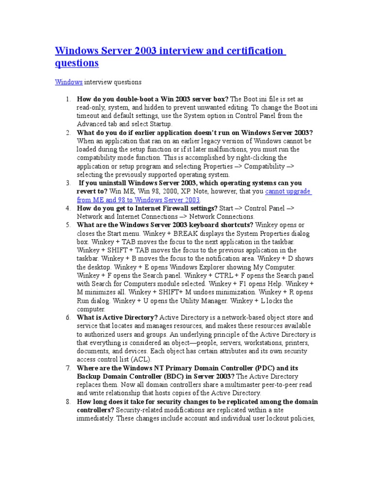 Windows Server 2003 Interview and Certification Questions | PDF