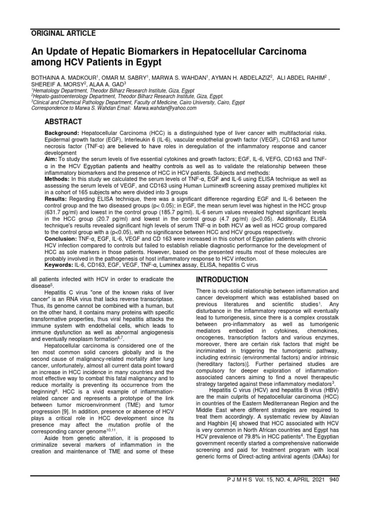 An Update of Hepatic Biomarkers in Hepatocellular Carcinoma Among HCV ...