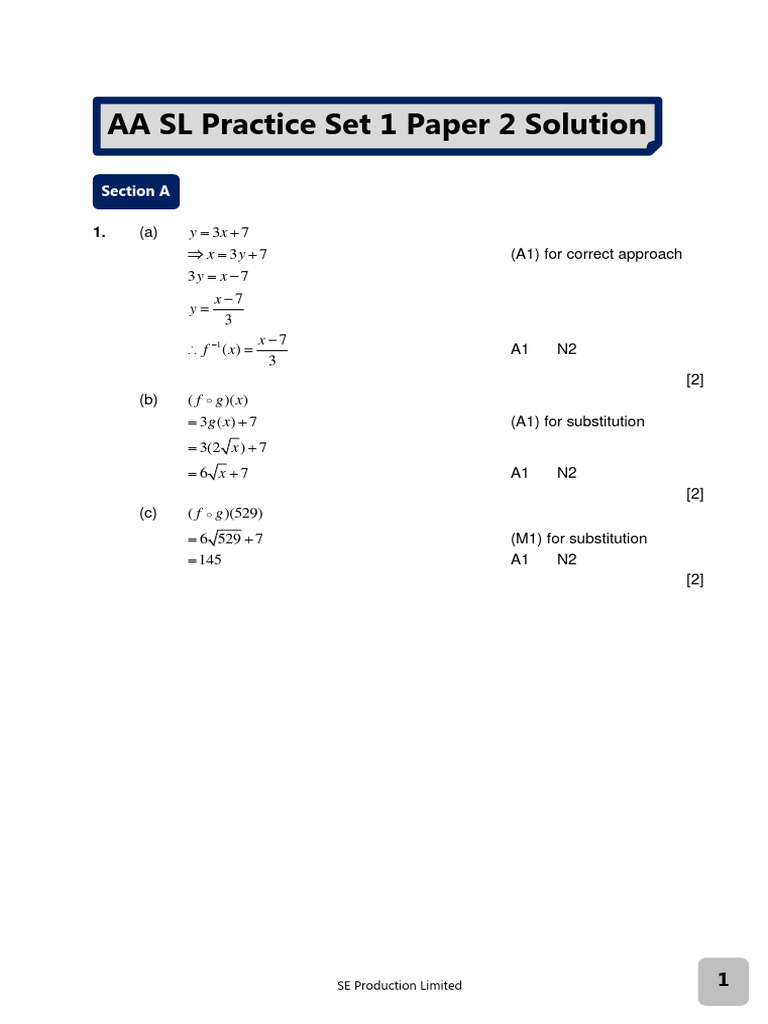 AA SL P2 Practice Paper Set 1 Solution | PDF | Mathematics ...