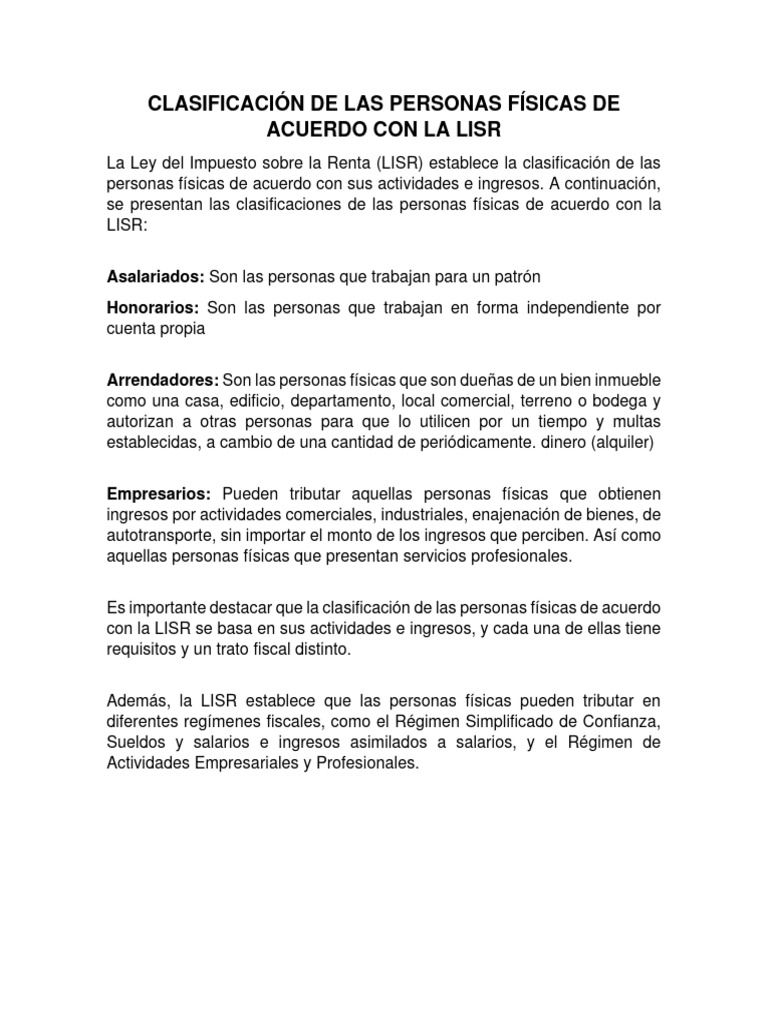 Clasificación de Personas Físicas según LISR | PDF | Impuesto sobre la ...