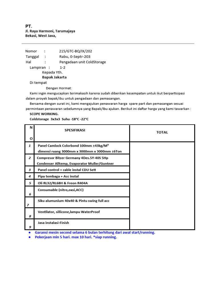 Contoh BQ Cold Storage | PDF