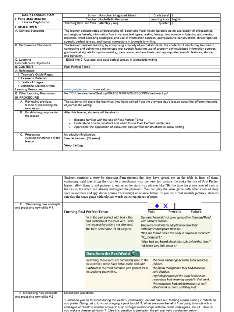 Past Perfect Tense Lesson Plan | PDF | Learning | Perfect (Grammar)