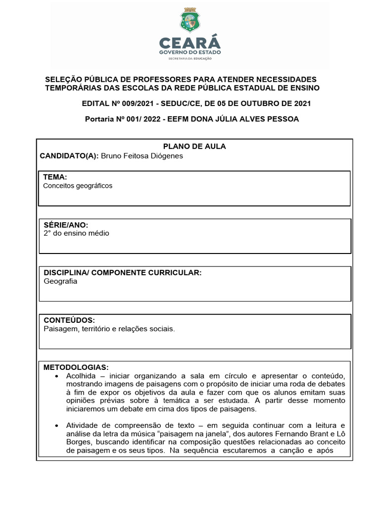 Plano-EEFM DONA JÚLIA ALVES PESSOA | PDF | Geografia | Aprendizado