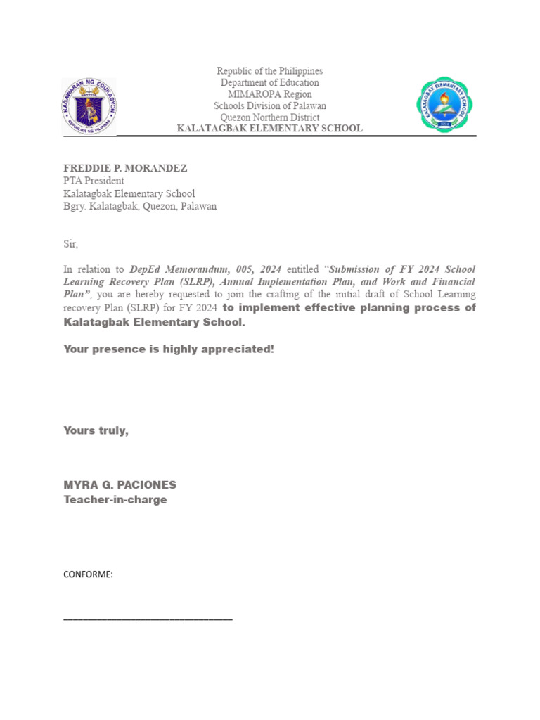 Draft SLRP for Kalatagbak Elementary | PDF