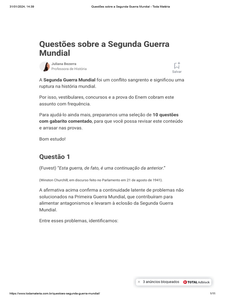 Questões Sobre A Segunda Guerra Mundial - Toda Matéria | PDF | Segunda ...