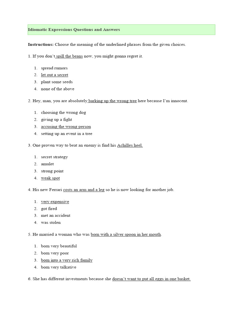 Idiomatic Expressions Questions and Answers | PDF, image size:768x1024