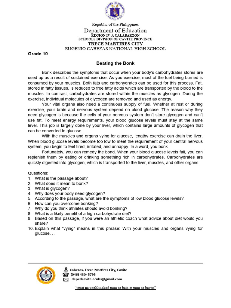 Grade10 Reading Materials PDF Glycogen Glucose