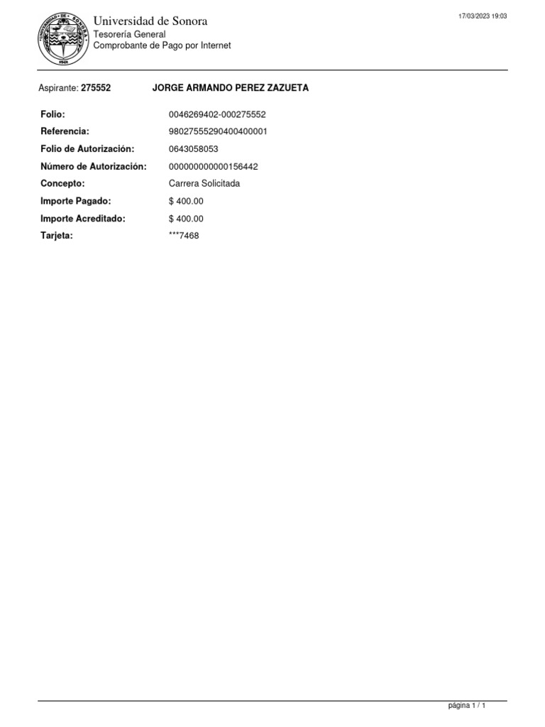 Comprobante de Pago Universidad Sonora | PDF