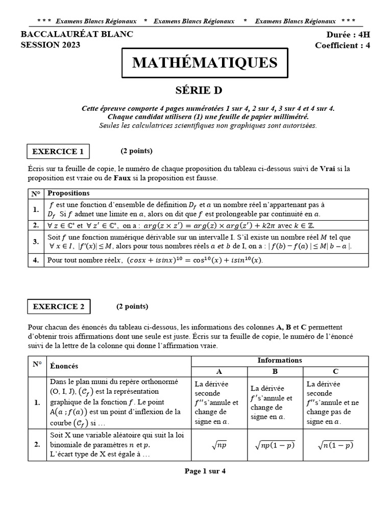 Épreuve de Maths Bac D 2023 | PDF | Nombre complexe | Algèbre générale