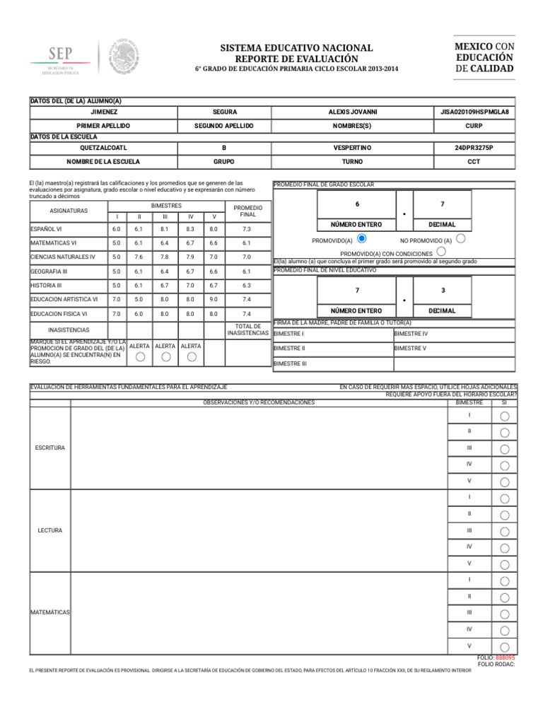Reporte de Evaluación Escolar 6° Grado | PDF | Evaluación | Comprensión ...