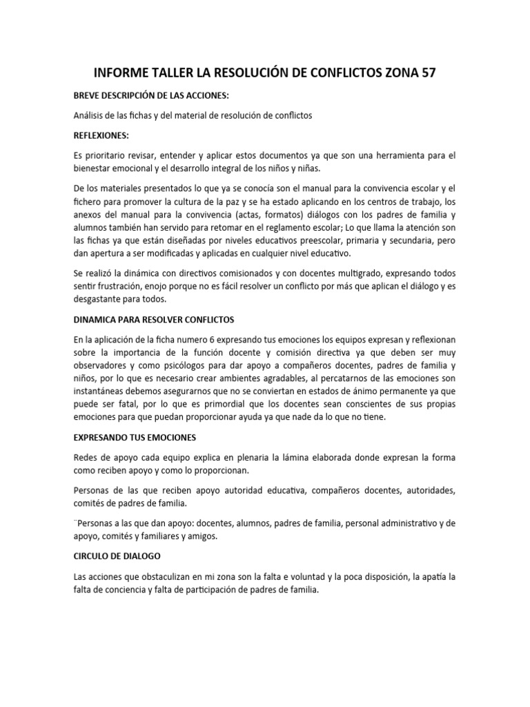 Informe Taller La Resolución de Conflictos Zona 57 | PDF | Las ...
