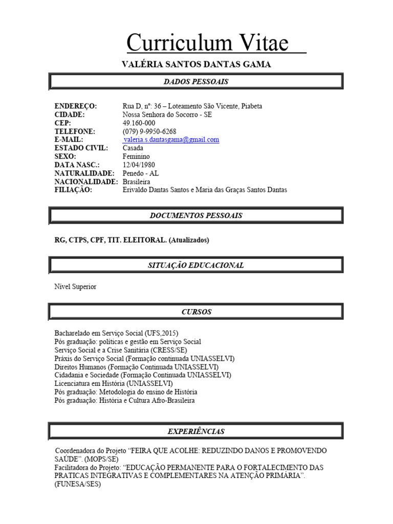 Curriculum Vitae de Valéria Gama | PDF