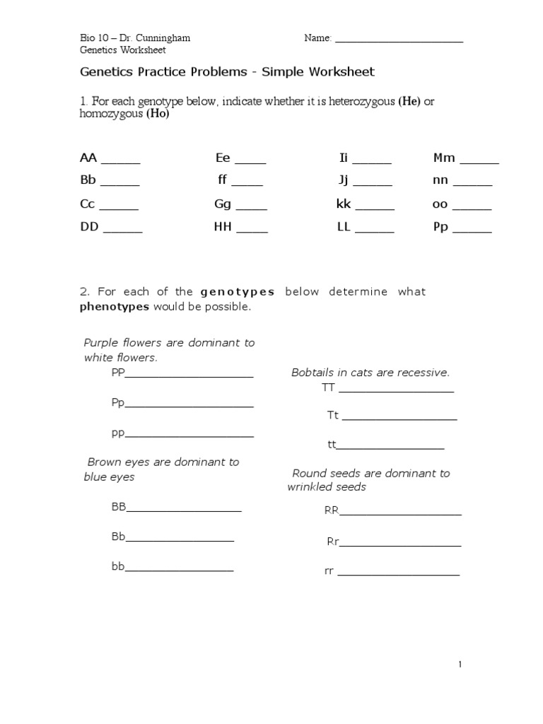 Worksheets Genetics Practice Problems Simple Worksheet introduction basic genetics zygosity genotype