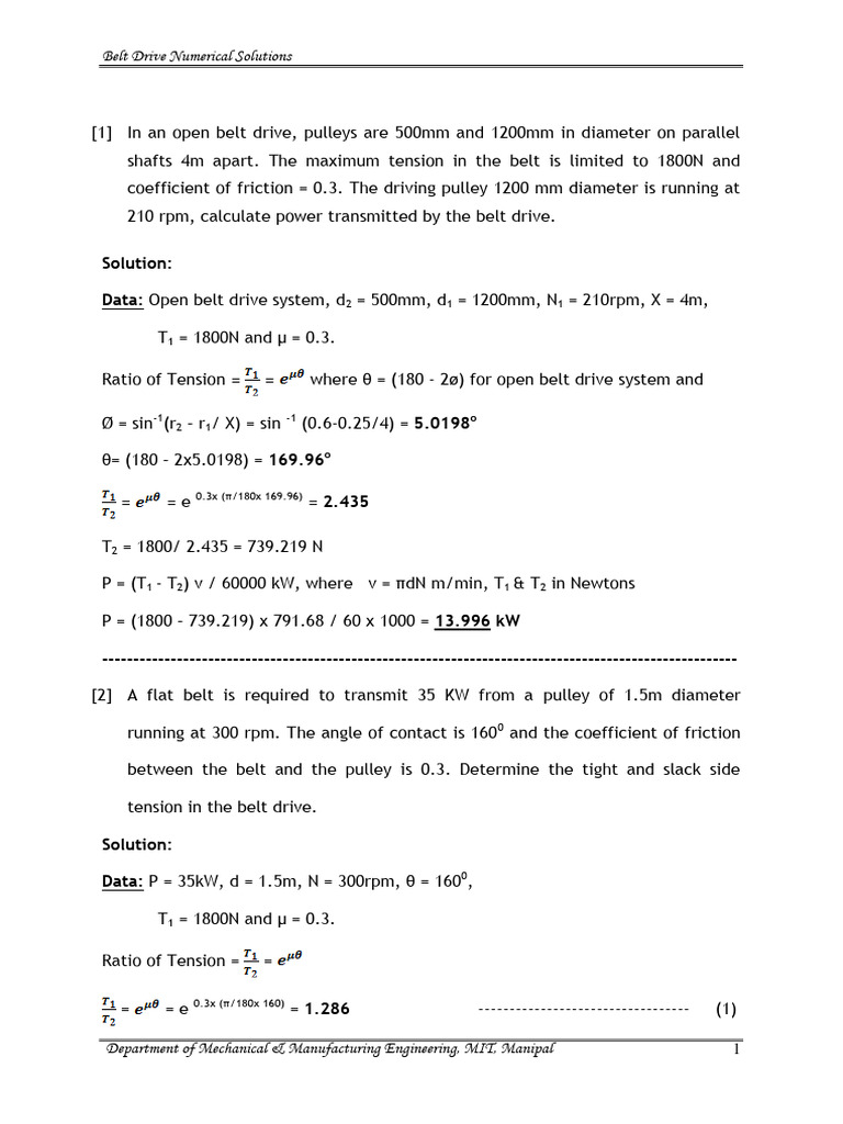 Belt Drive Calculations and Solutions | PDF | Belt (Mechanical) | Mechanics