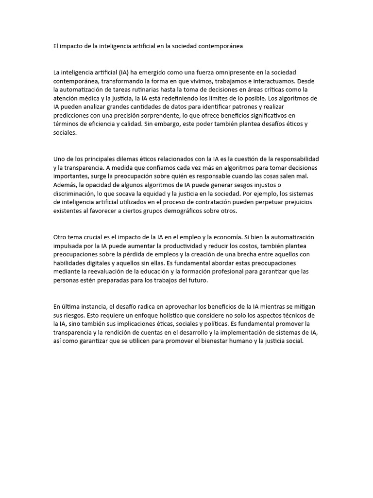 El Impacto de La Inteligencia Artificial en La Sociedad Contemporánea | PDF