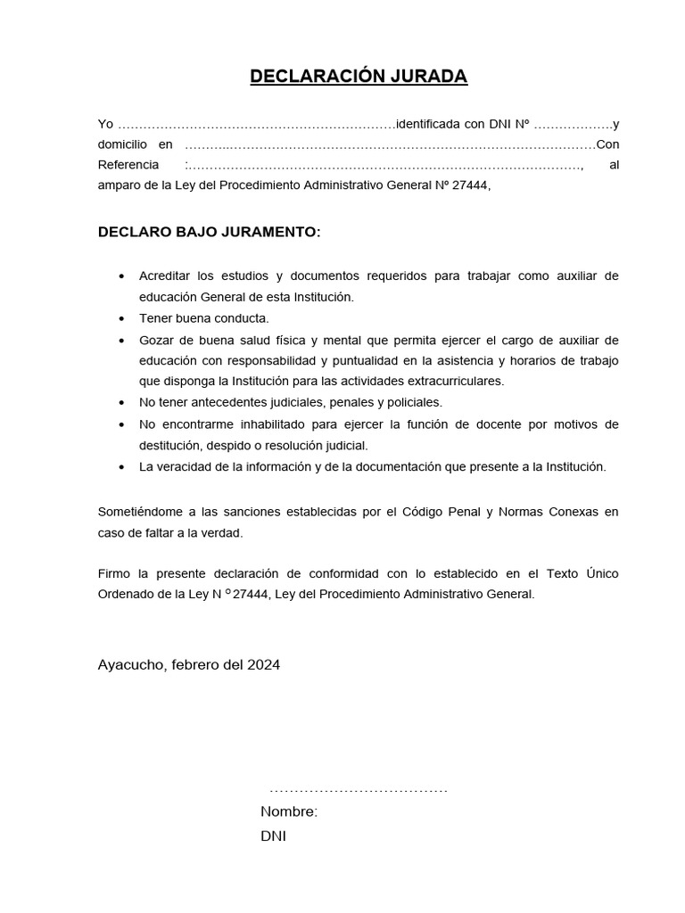 Declaración Jurada Docente 2024 | PDF