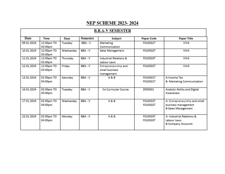 BBA 5th Semester Exam Schedule 2024 | PDF