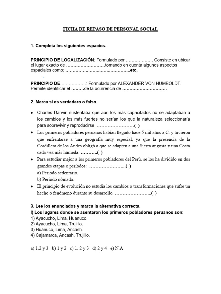Ficha de Repaso de Personal Social 1 Mayo de 2023 | PDF | Perú