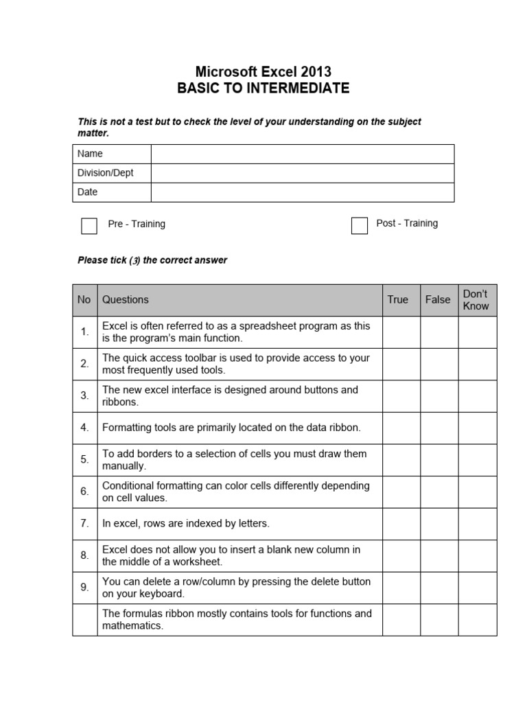 Excel 2013 Basics Quiz for Users | PDF