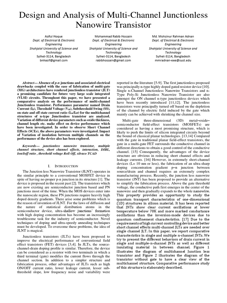 Multi-Channel Junctionless Transistor Analysis | PDF | Field Effect ...