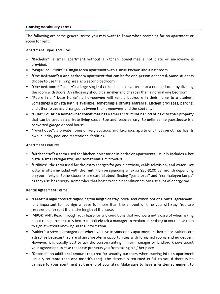 Housing Vocabulary Terms PDF Lease Apartment