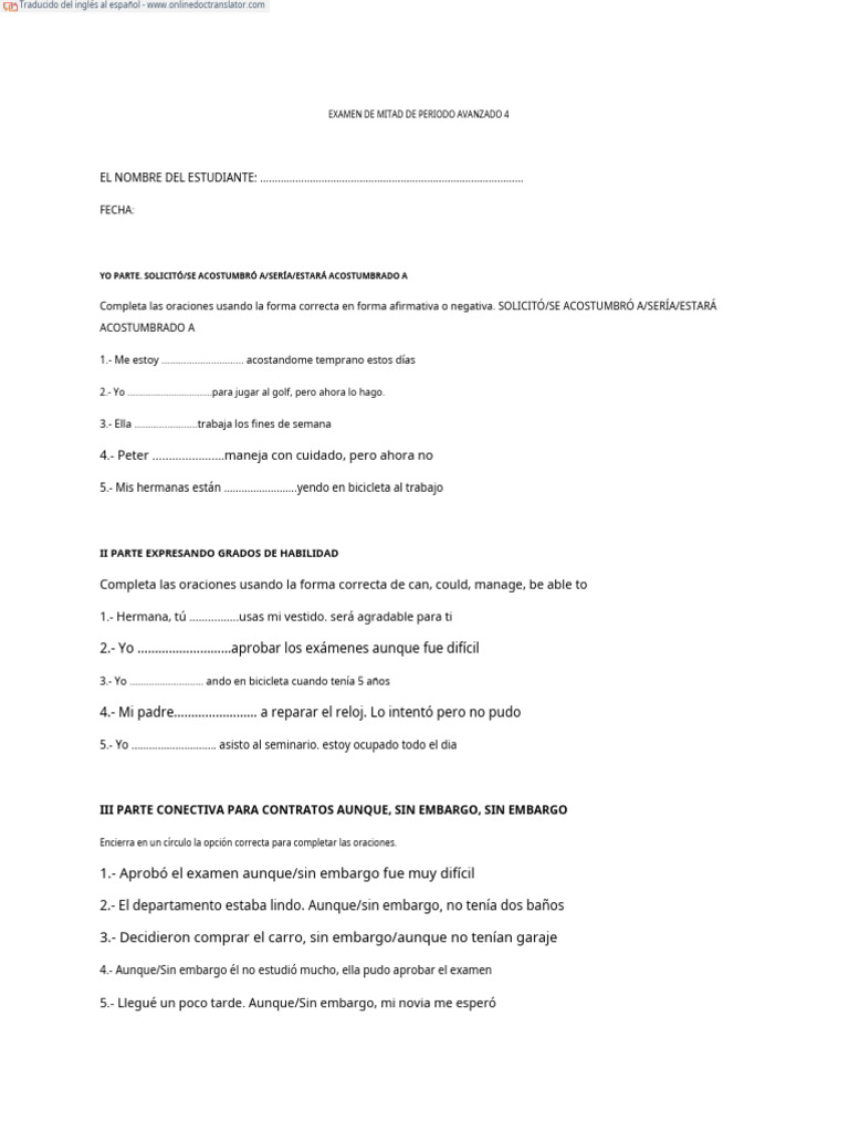 MID TERM EXAM ADVANCED 4 (1) .En - Es | PDF