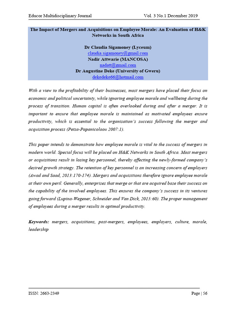 Mergers' Impact on Employee Morale | PDF | Employment | Mergers And ...