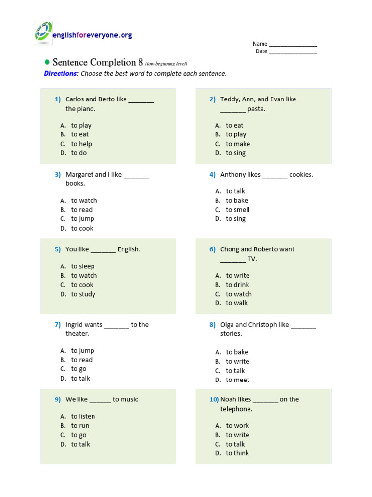 Sentence Completion Exercises for Beginners | PDF