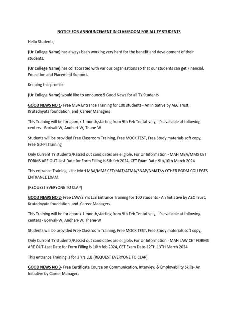 MBA CET 2024 Training & Placement Notice | PDF | Computing