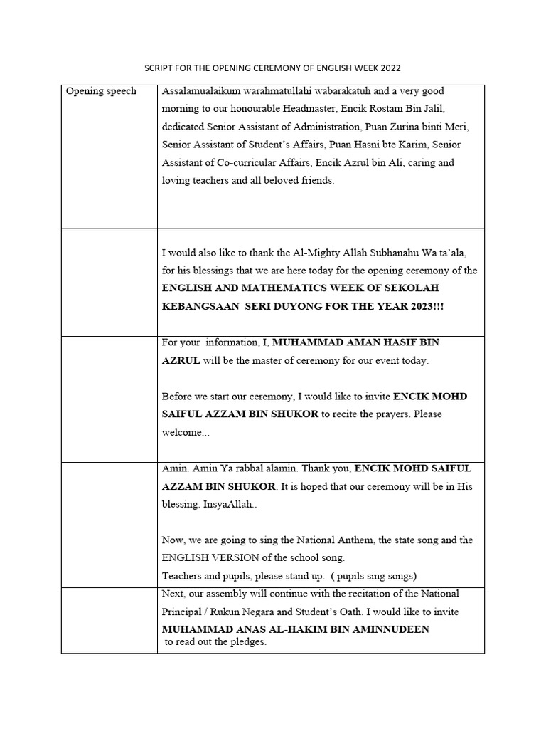 English Week Opening Ceremony Script | PDF